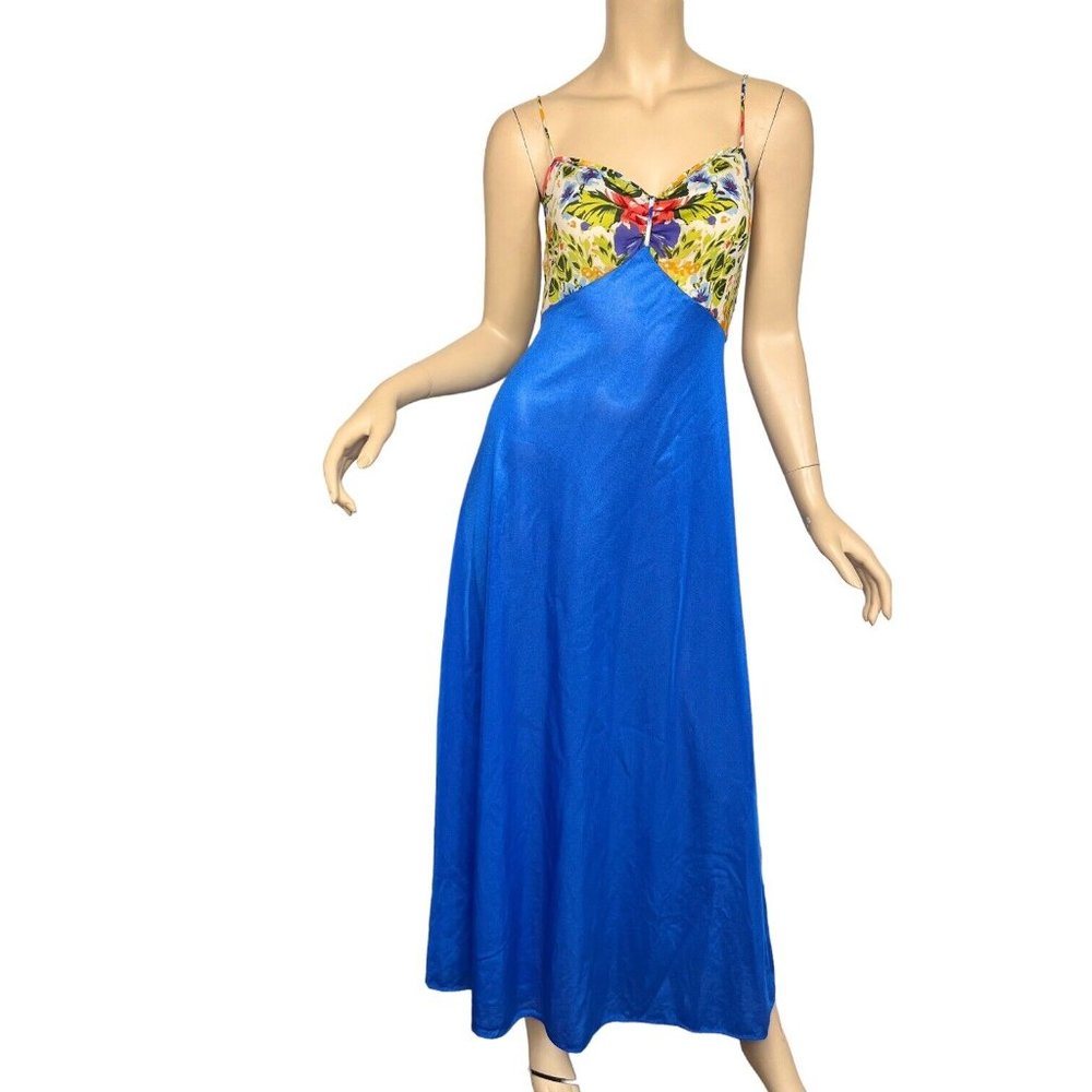 Vintage Tres Chic Nightgown Maxi Gown Blue Sheer Floral Print Size Large